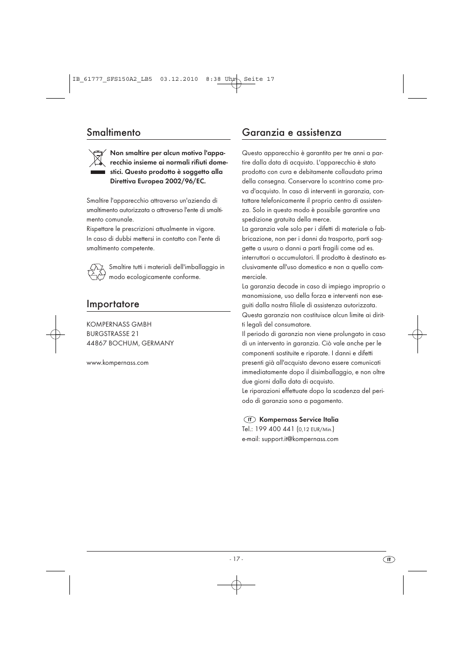 Smaltimento, Importatore, Garanzia e assistenza | Silvercrest SFS 150 A2 User Manual | Page 19 / 58