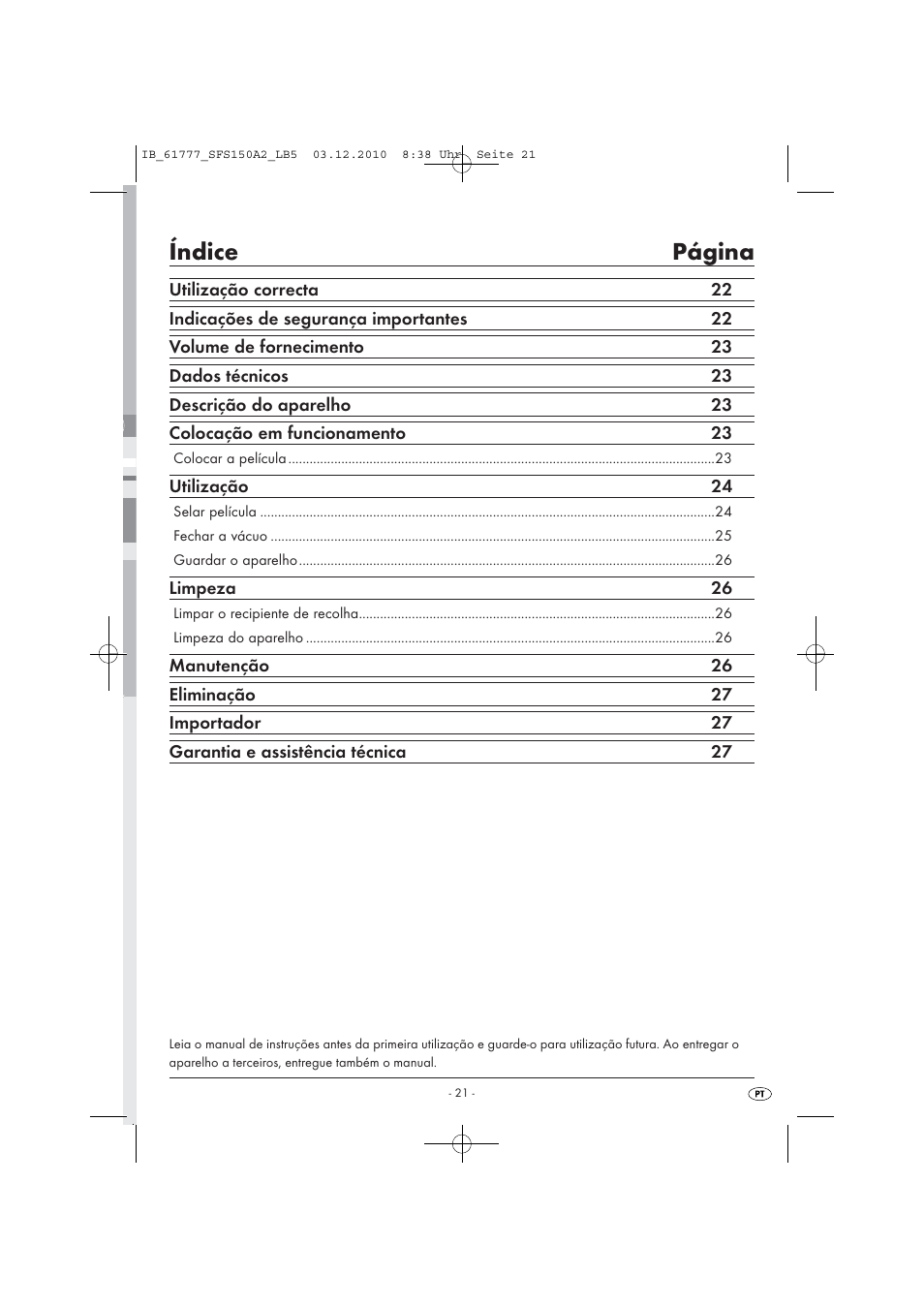 Índice página | Silvercrest SFS 150 A2 User Manual | Page 23 / 58