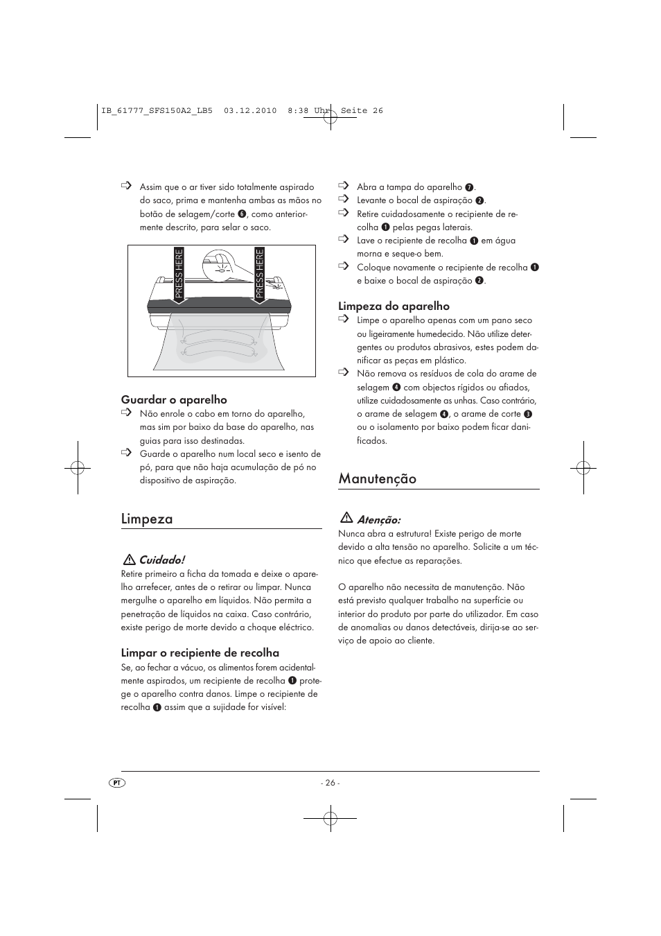 Limpeza, Manutenção | Silvercrest SFS 150 A2 User Manual | Page 28 / 58