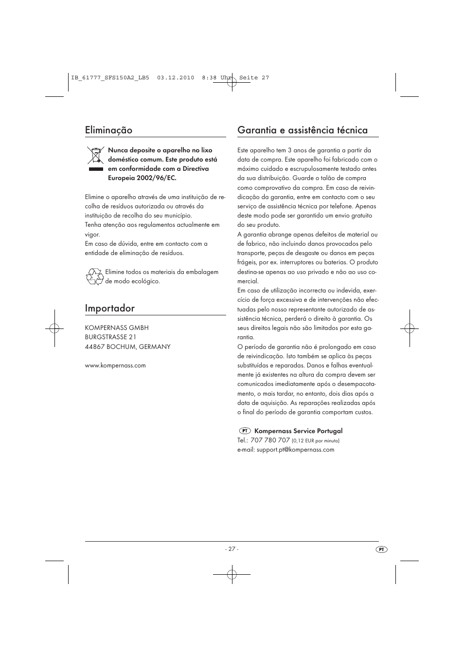 Eliminação, Importador, Garantia e assistência técnica | Silvercrest SFS 150 A2 User Manual | Page 29 / 58
