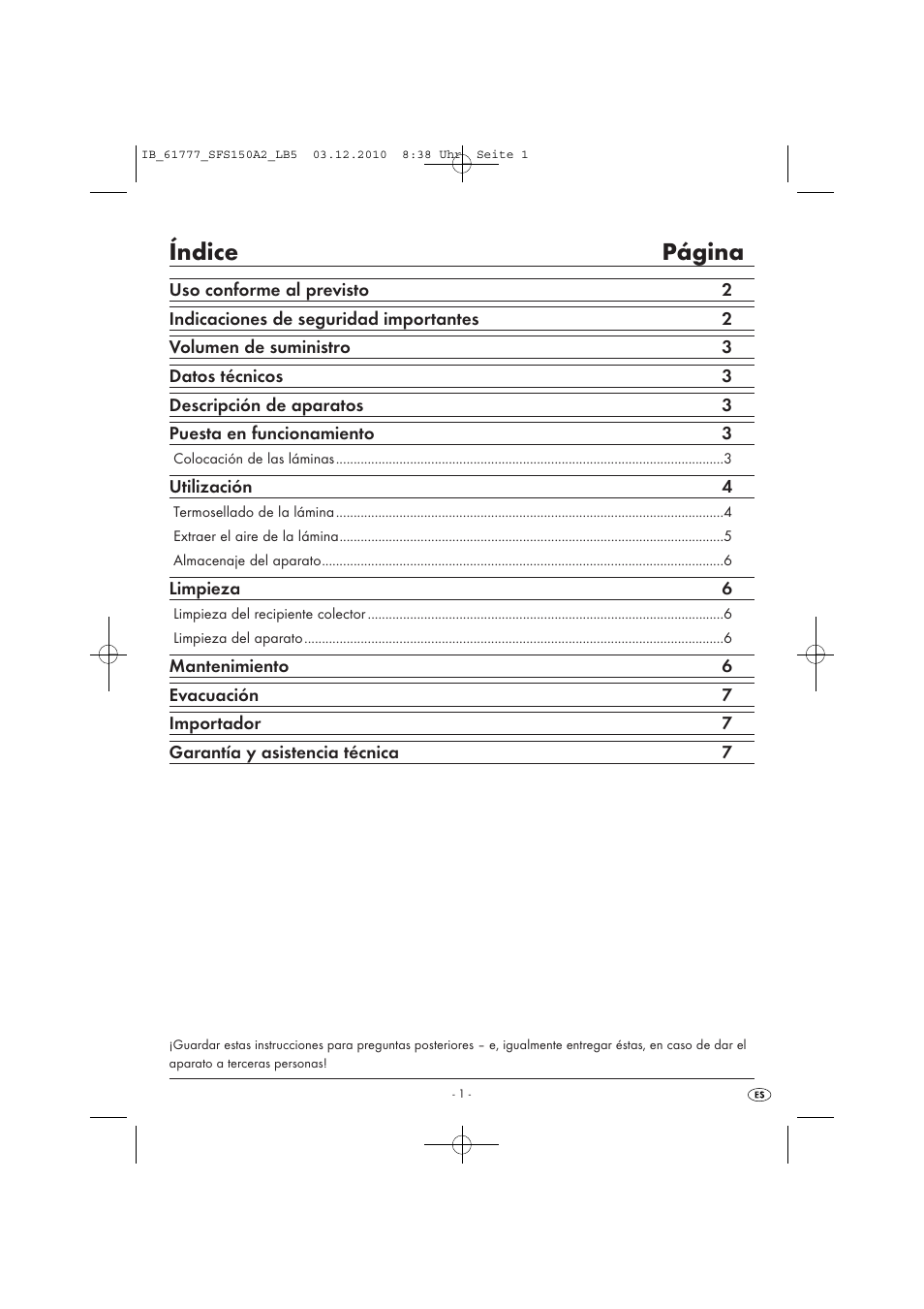 Índice página | Silvercrest SFS 150 A2 User Manual | Page 3 / 58
