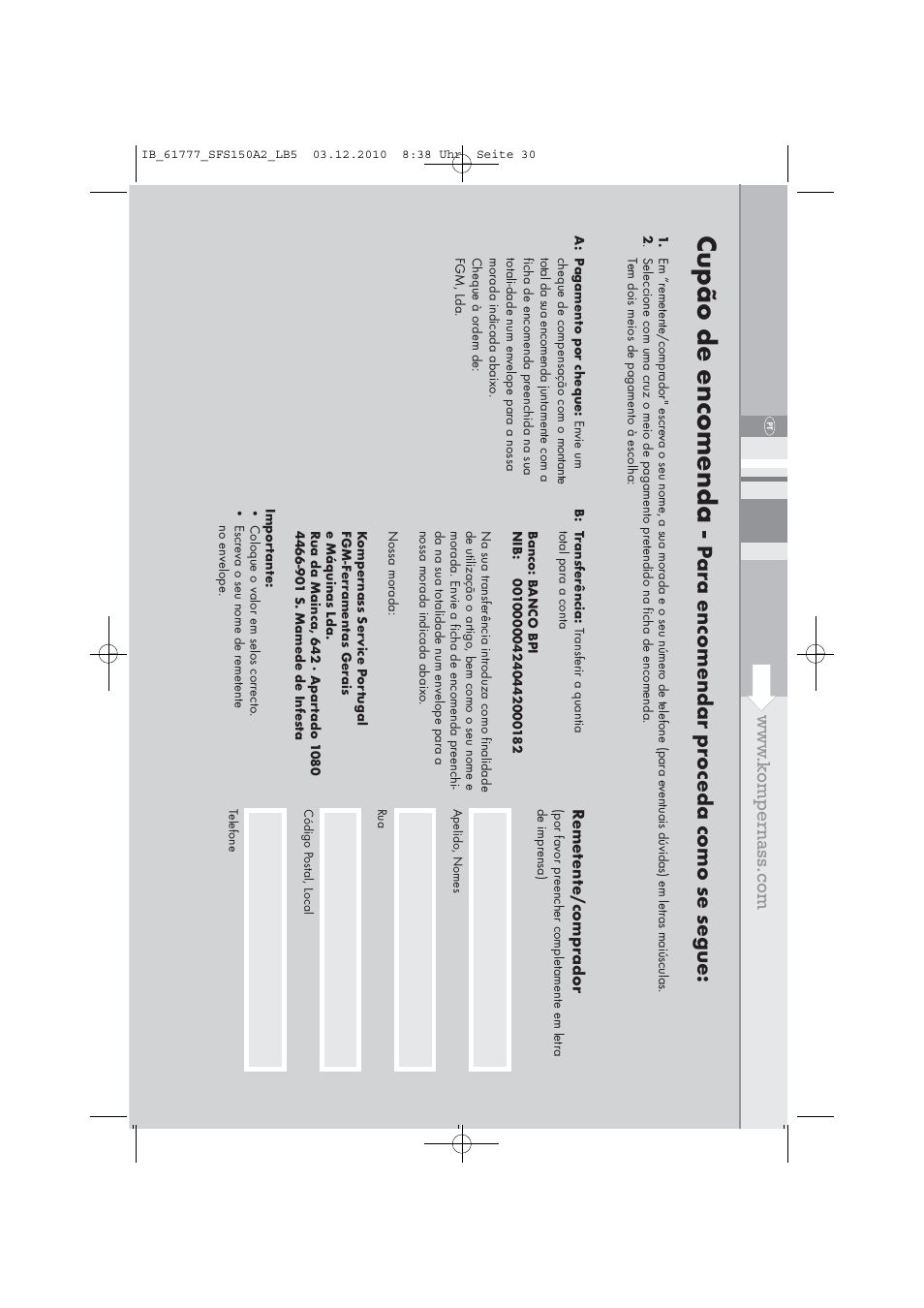 Cupão de encomenda, Pa ra encomendar pr oceda como se segue, Remet ent e/com pr ador | Silvercrest SFS 150 A2 User Manual | Page 32 / 58