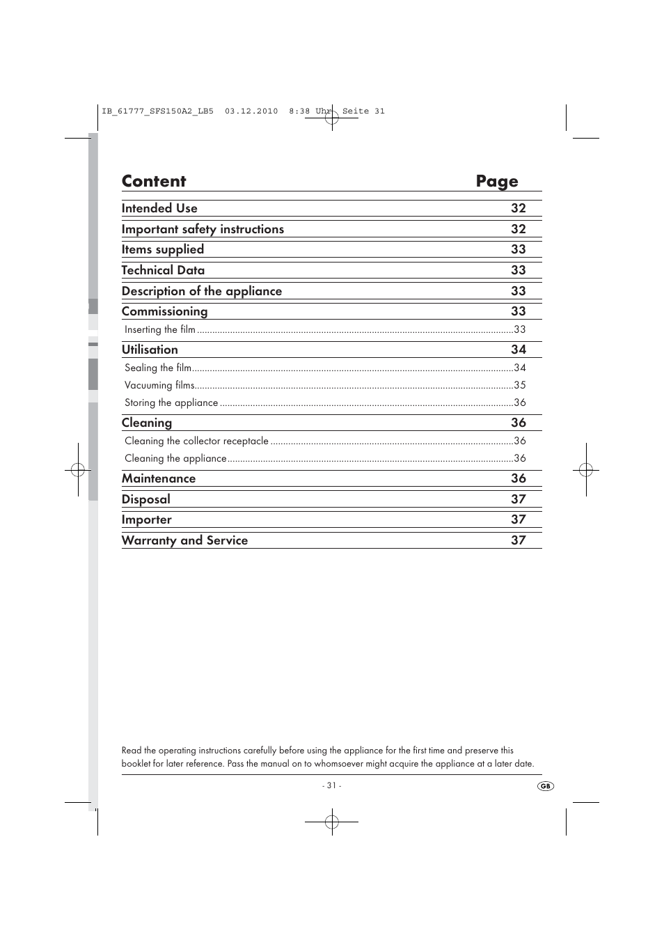 Content page | Silvercrest SFS 150 A2 User Manual | Page 33 / 58