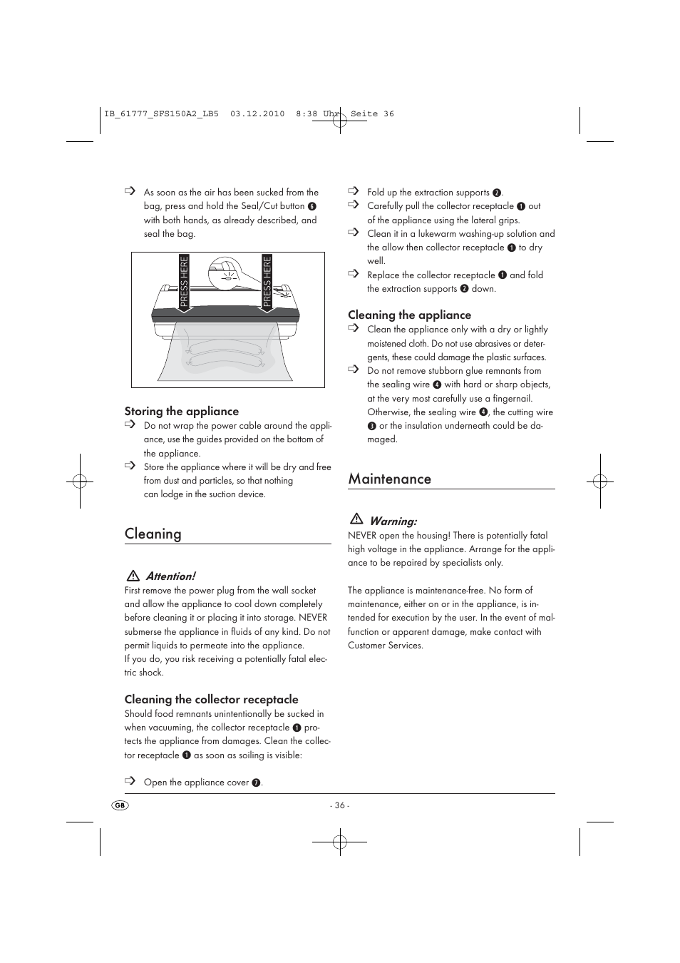 Cleaning, Maintenance | Silvercrest SFS 150 A2 User Manual | Page 38 / 58