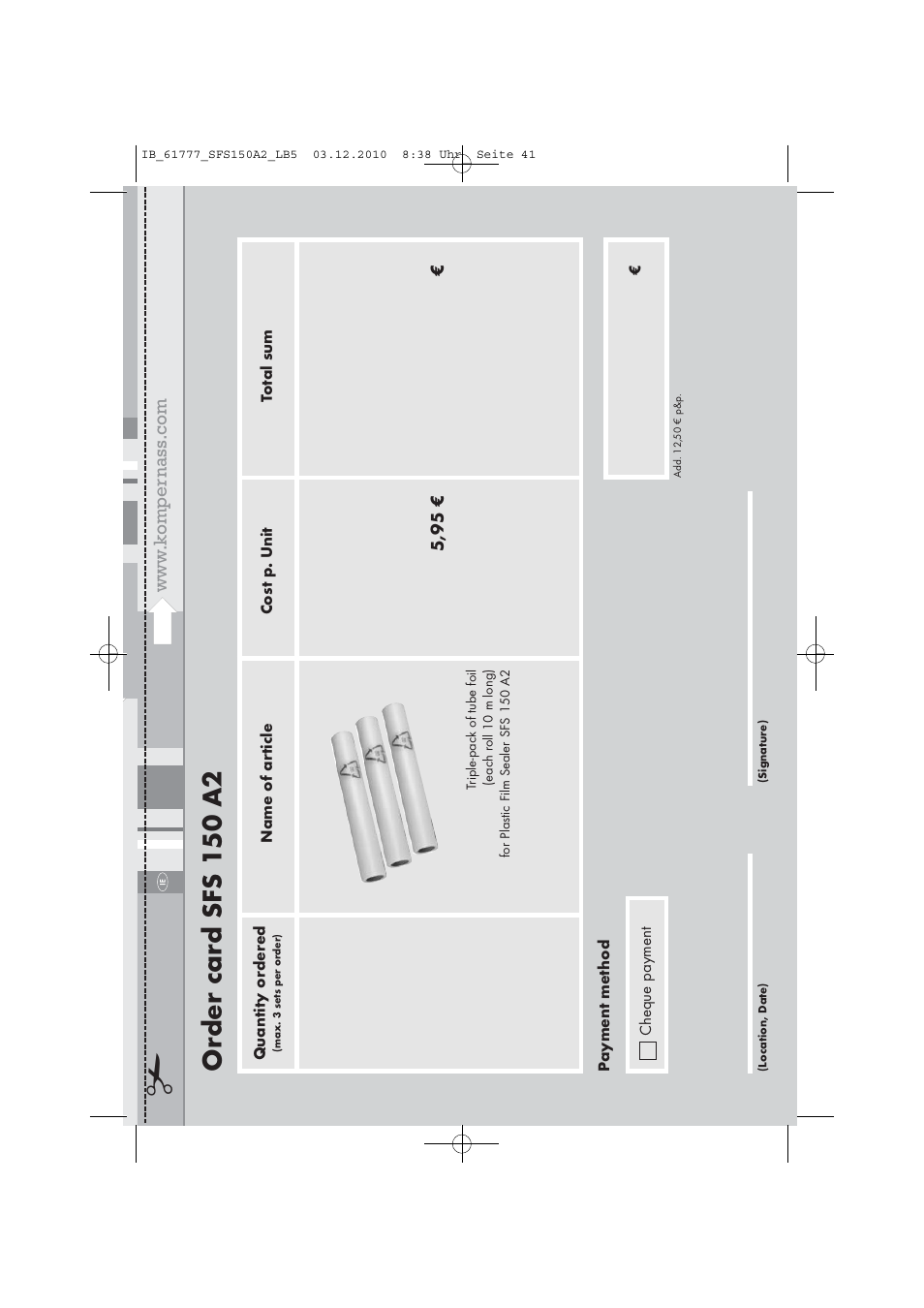 Order card sfs 150 a2 | Silvercrest SFS 150 A2 User Manual | Page 43 / 58