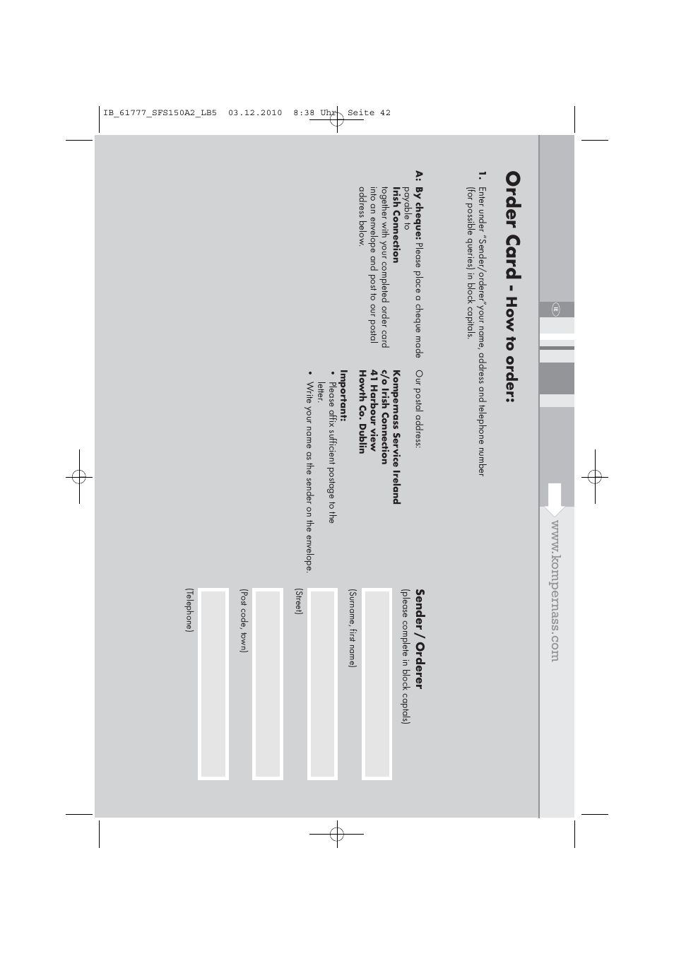 Order card, Sender / o rderer | Silvercrest SFS 150 A2 User Manual | Page 44 / 58