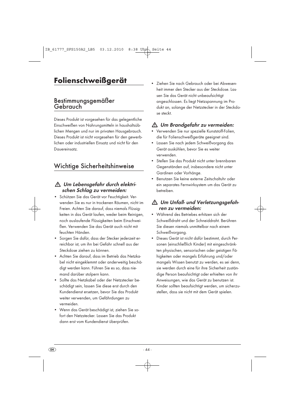 Folienschweißgerät, Bestimmungsgemäßer gebrauch, Wichtige sicherheitshinweise | Silvercrest SFS 150 A2 User Manual | Page 46 / 58