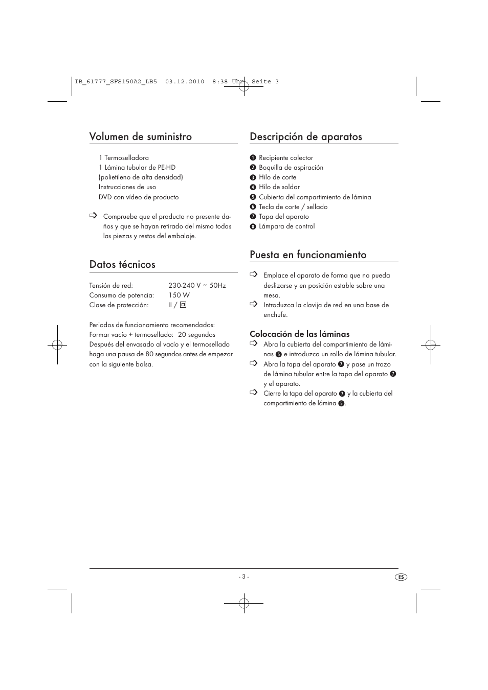 Volumen de suministro, Datos técnicos, Descripción de aparatos | Puesta en funcionamiento | Silvercrest SFS 150 A2 User Manual | Page 5 / 58