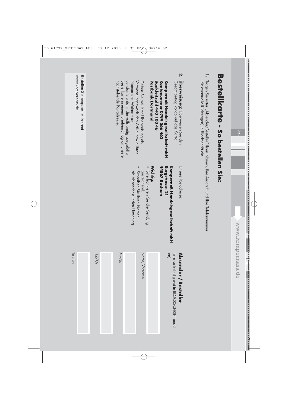 Bes tellk ar te, So bes tellen sie, Absender / bes teller | Silvercrest SFS 150 A2 User Manual | Page 54 / 58