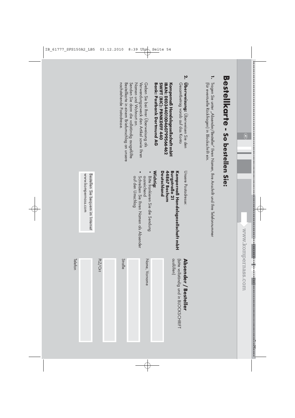 Bes tellk ar te, So bes tellen sie, Absender / bes teller | Silvercrest SFS 150 A2 User Manual | Page 56 / 58