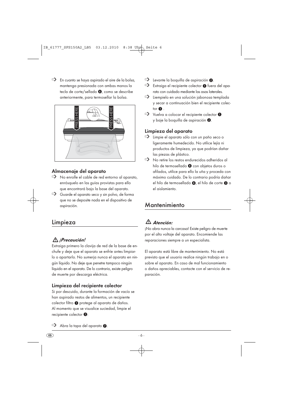 Limpieza, Mantenimiento | Silvercrest SFS 150 A2 User Manual | Page 8 / 58