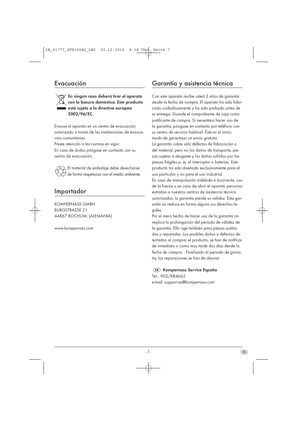 Evacuación, Importador, Garantía y asistencia técnica | Silvercrest SFS 150 A2 User Manual | Page 9 / 58