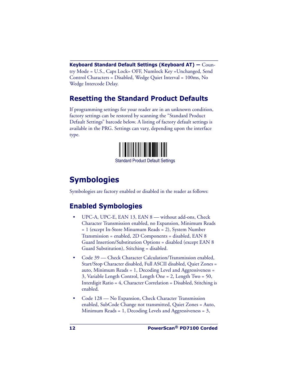 Resetting the standard product defaults, Symbologies, Enabled symbologies | Datalogic Scanning POWERSCAN PD7100 User Manual | Page 14 / 20