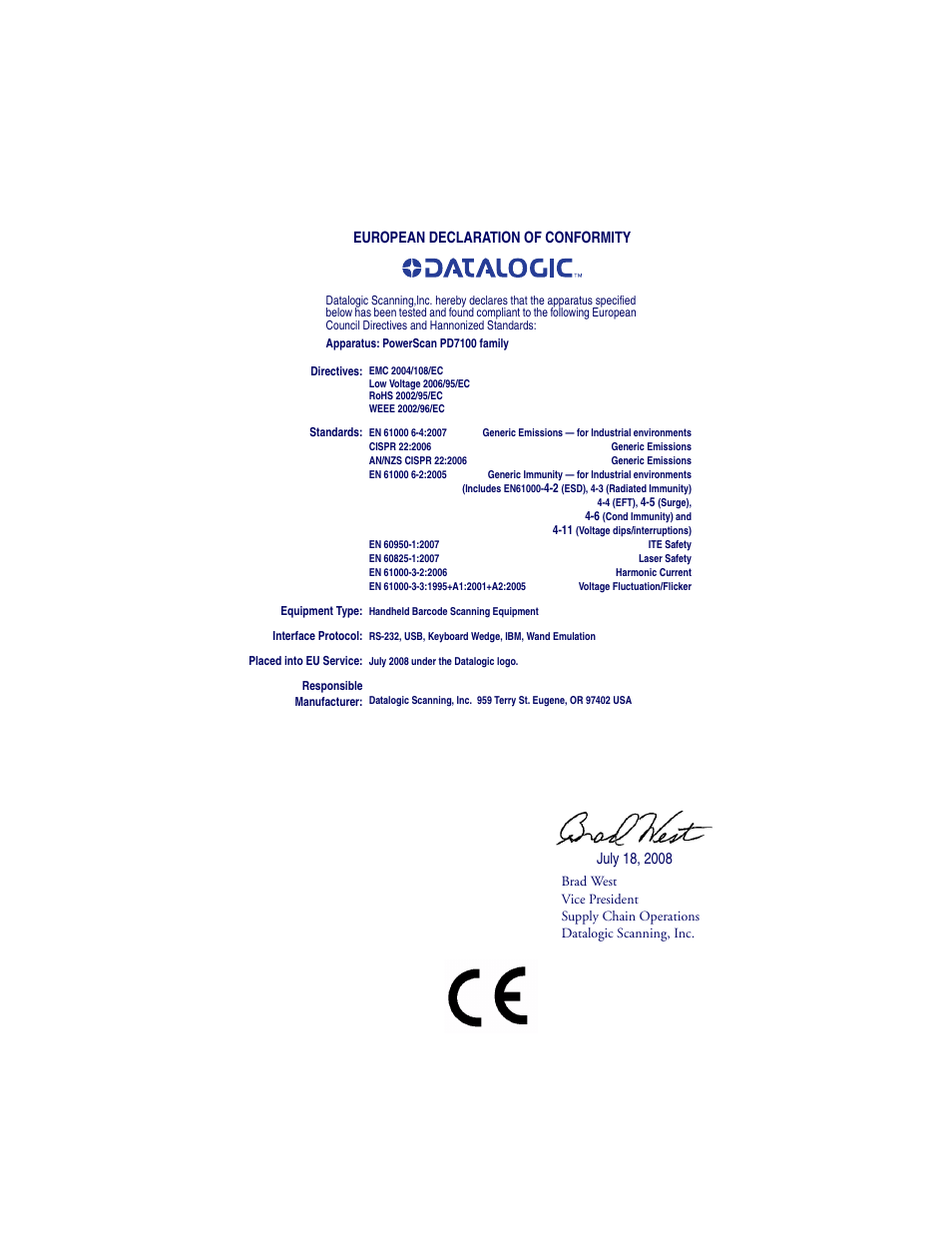 European declaration of conformity | Datalogic Scanning POWERSCAN PD7100 User Manual | Page 19 / 20