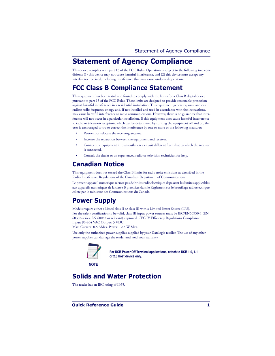 Statement of agency compliance, Fcc class b compliance statement, Canadian notice | Power supply, Solids and water protection | Datalogic Scanning POWERSCAN PD7100 User Manual | Page 3 / 20