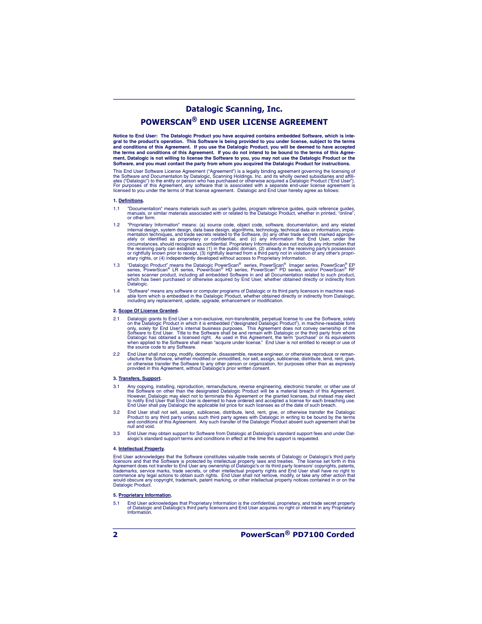 Datalogic scanning, inc. powerscan, End user license agreement, 2powerscan | Pd7100 corded | Datalogic Scanning POWERSCAN PD7100 User Manual | Page 4 / 20