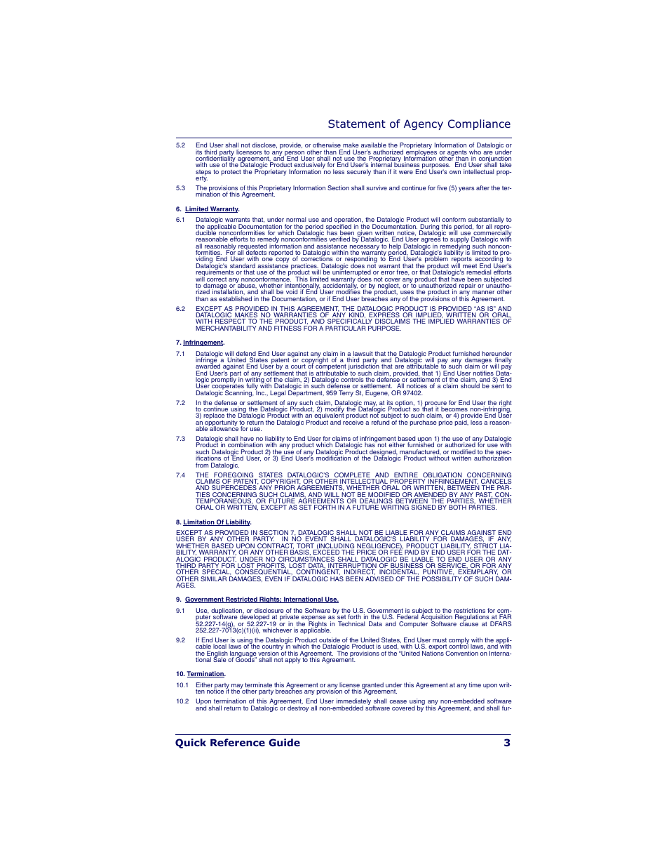 Statement of agency compliance, Quick reference guide 3 | Datalogic Scanning POWERSCAN PD7100 User Manual | Page 5 / 20