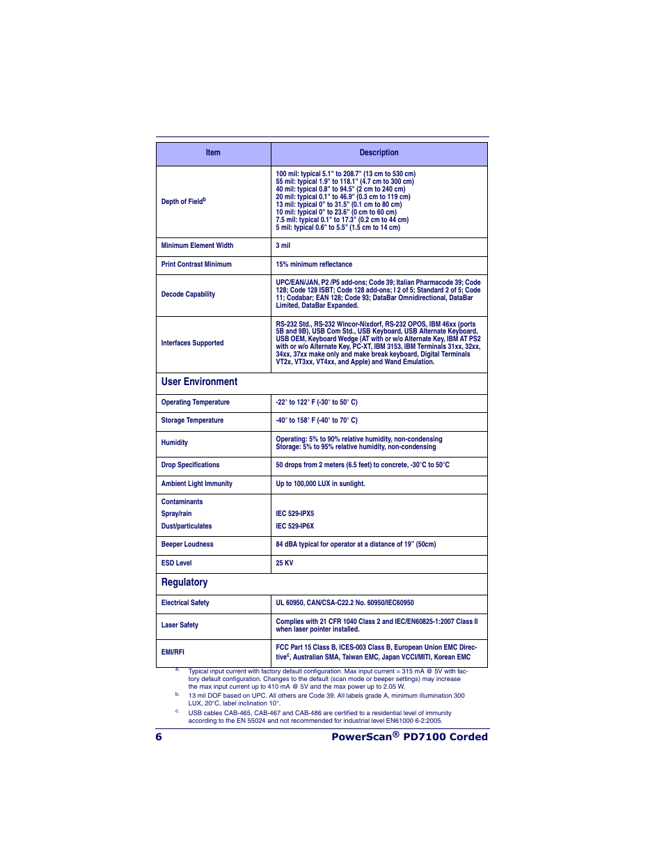 User environment, Regulatory, 6powerscan | Pd7100 corded | Datalogic Scanning POWERSCAN PD7100 User Manual | Page 8 / 20