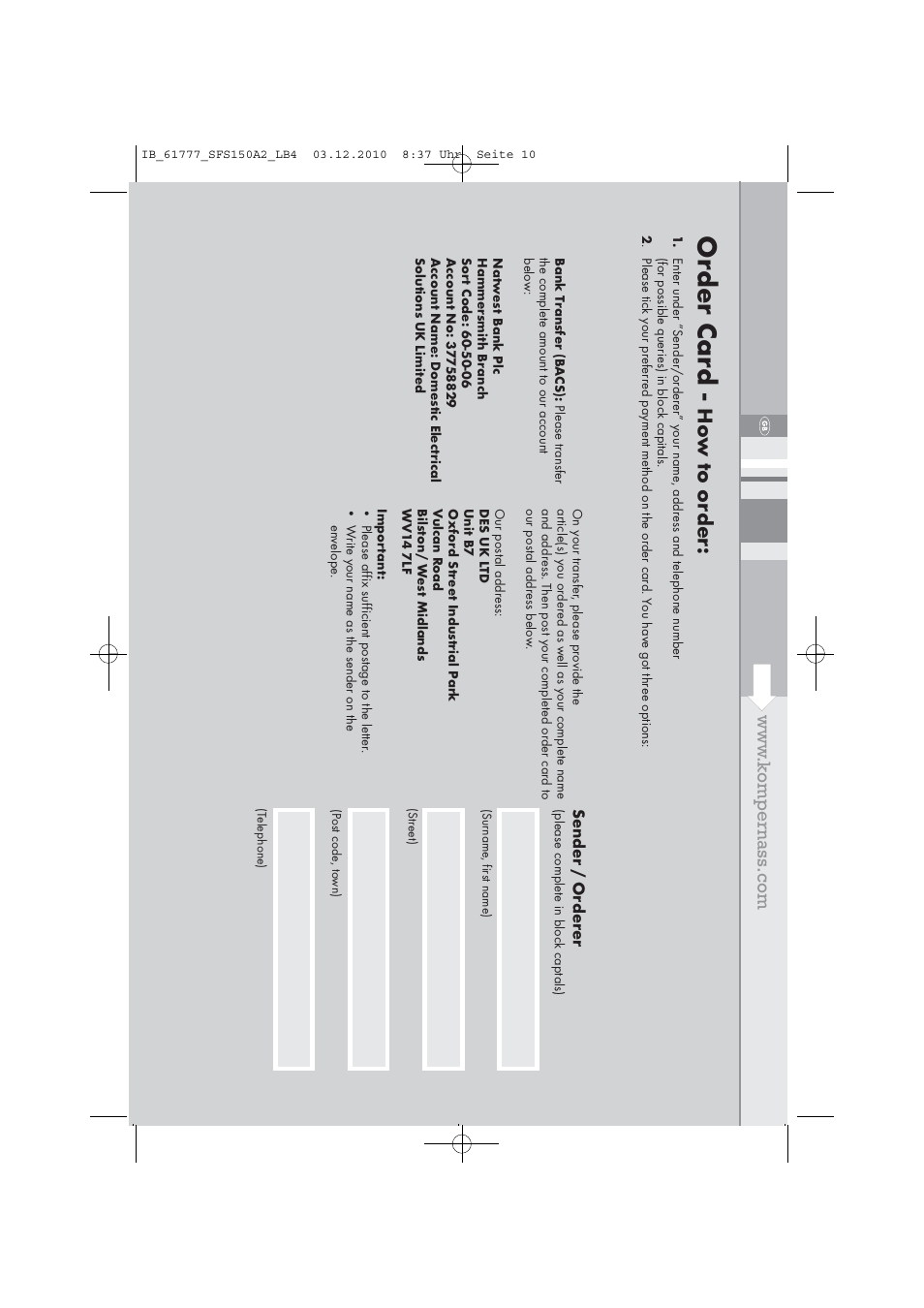 Or der car d, Sender / o rder er | Silvercrest SFS 150 A2 User Manual | Page 12 / 76