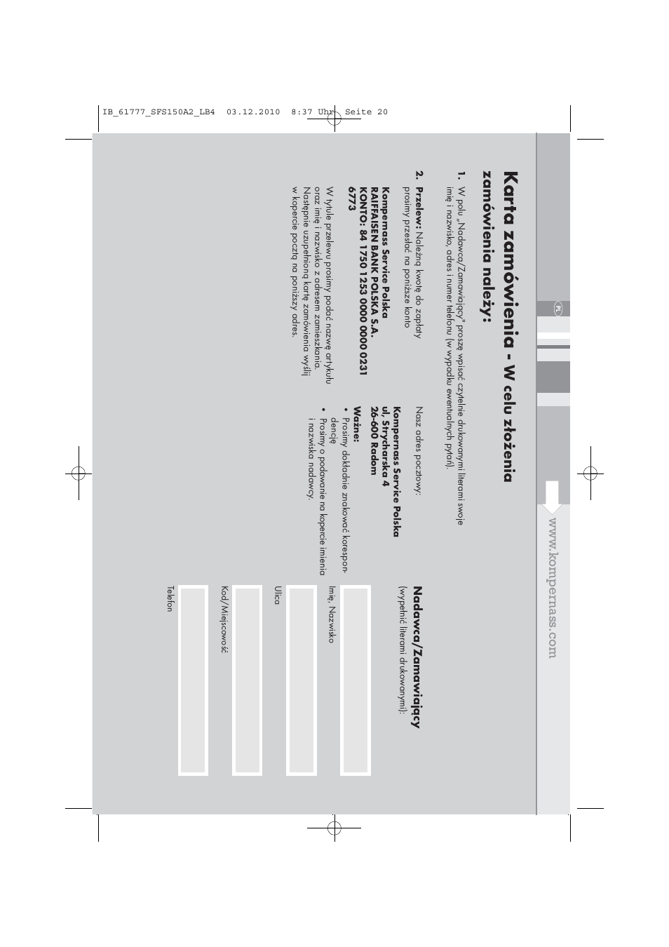 Ka rt a zamó wienia, W celu złożenia zamó wienia należy, Nada w ca/zama wiający | Silvercrest SFS 150 A2 User Manual | Page 22 / 76