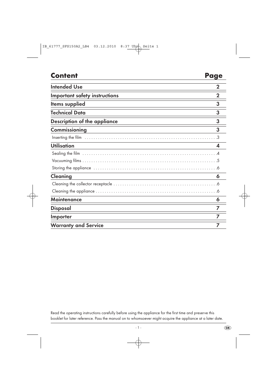 Content page | Silvercrest SFS 150 A2 User Manual | Page 3 / 76