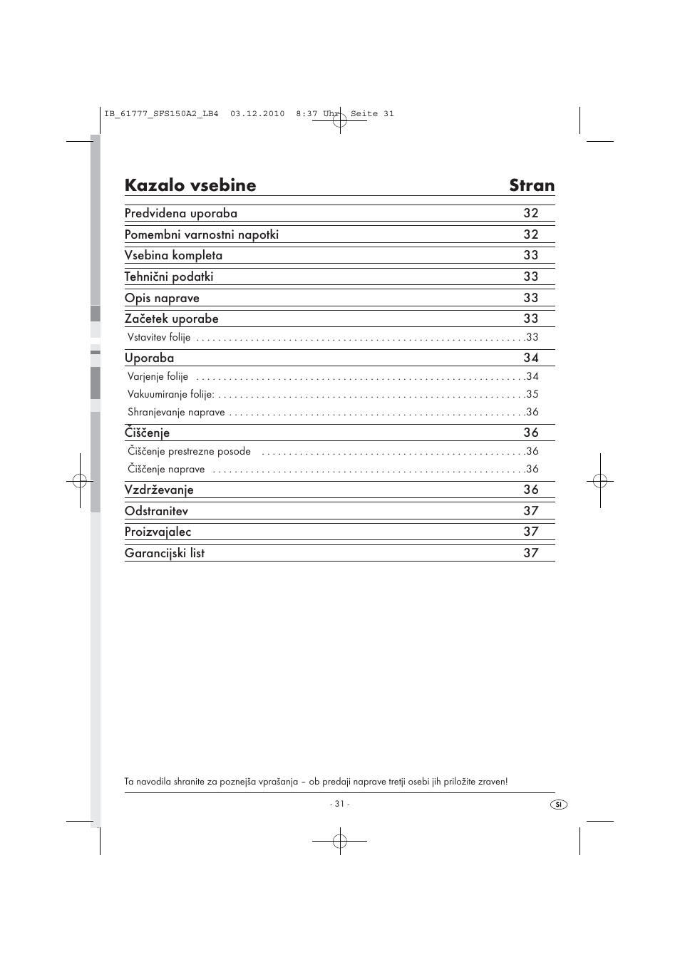 Kazalo vsebine stran | Silvercrest SFS 150 A2 User Manual | Page 33 / 76