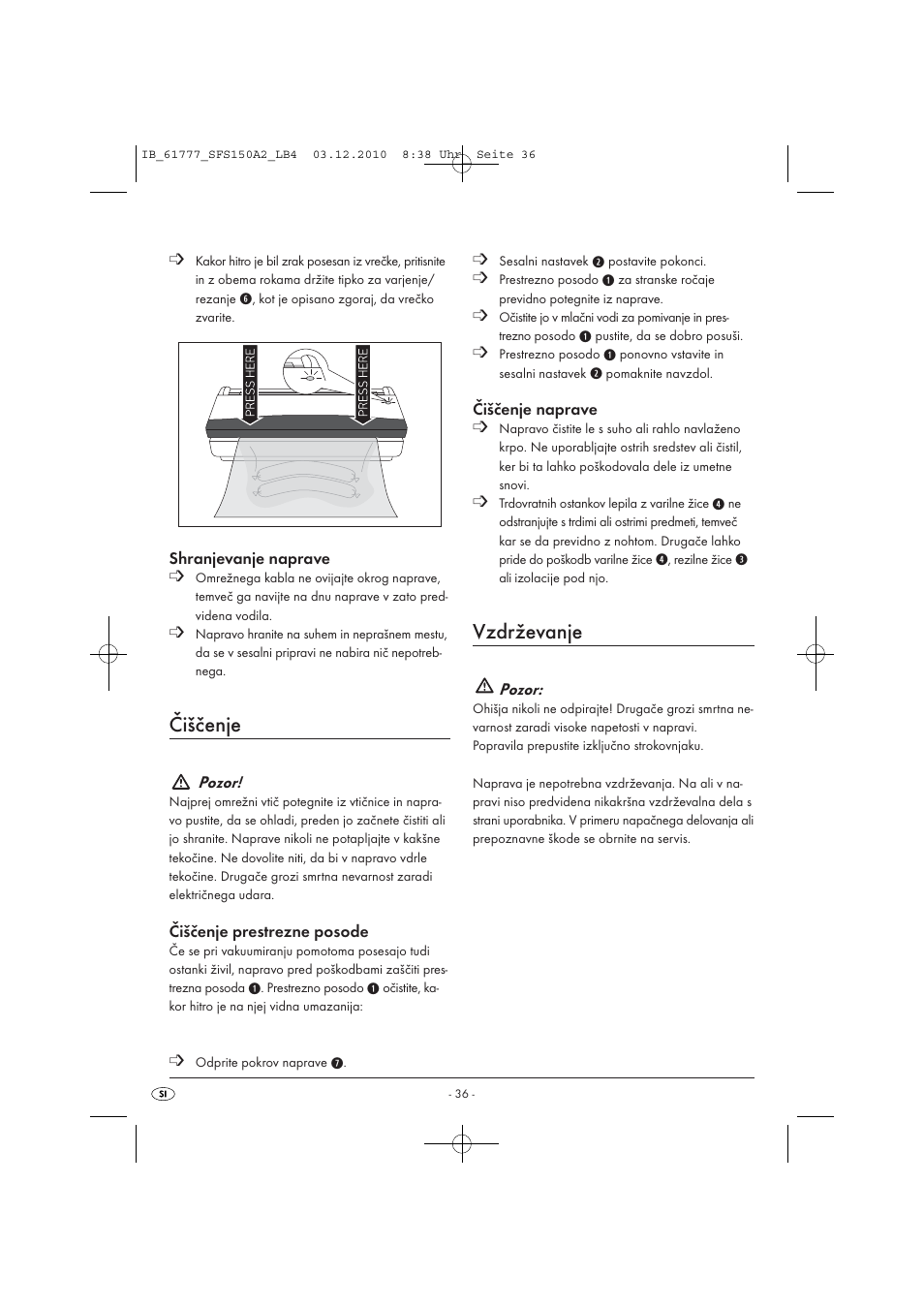 Čiščenje, Vzdrževanje | Silvercrest SFS 150 A2 User Manual | Page 38 / 76