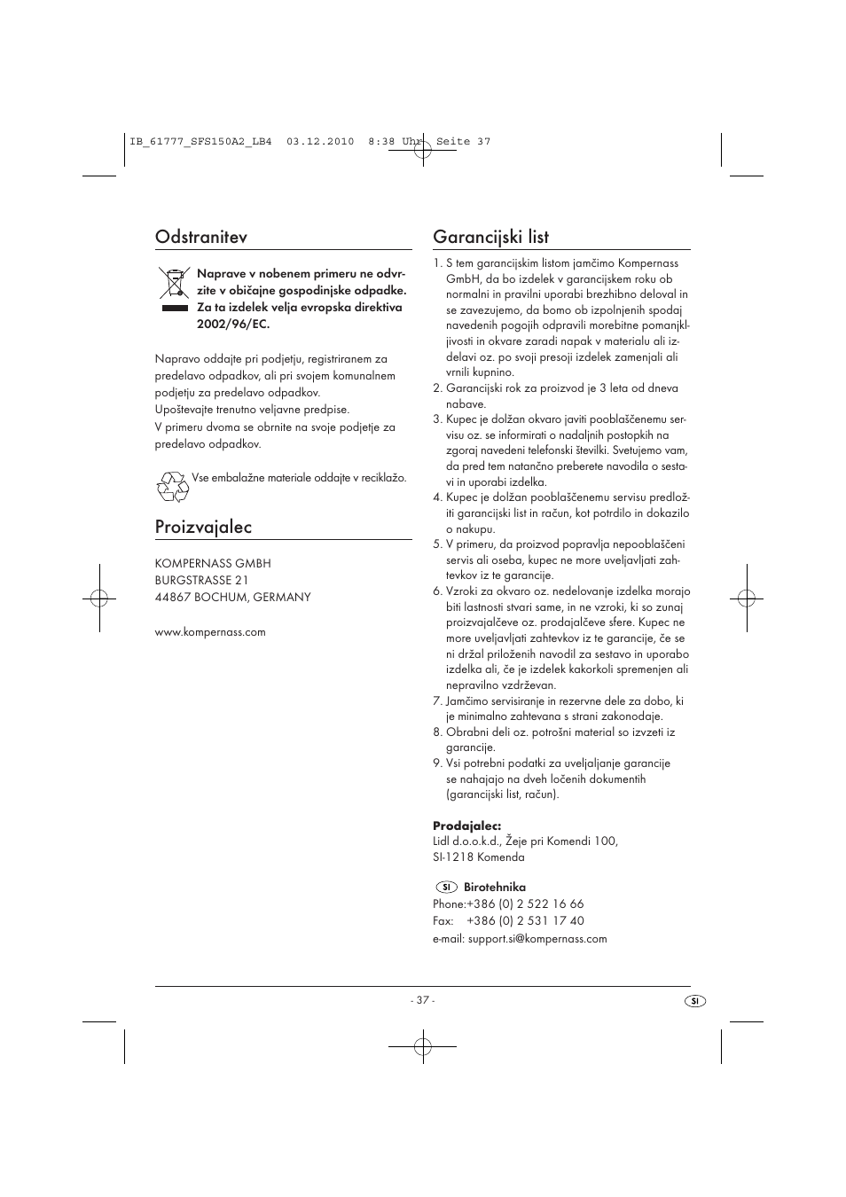 Odstranitev, Proizvajalec, Garancijski list | Silvercrest SFS 150 A2 User Manual | Page 39 / 76