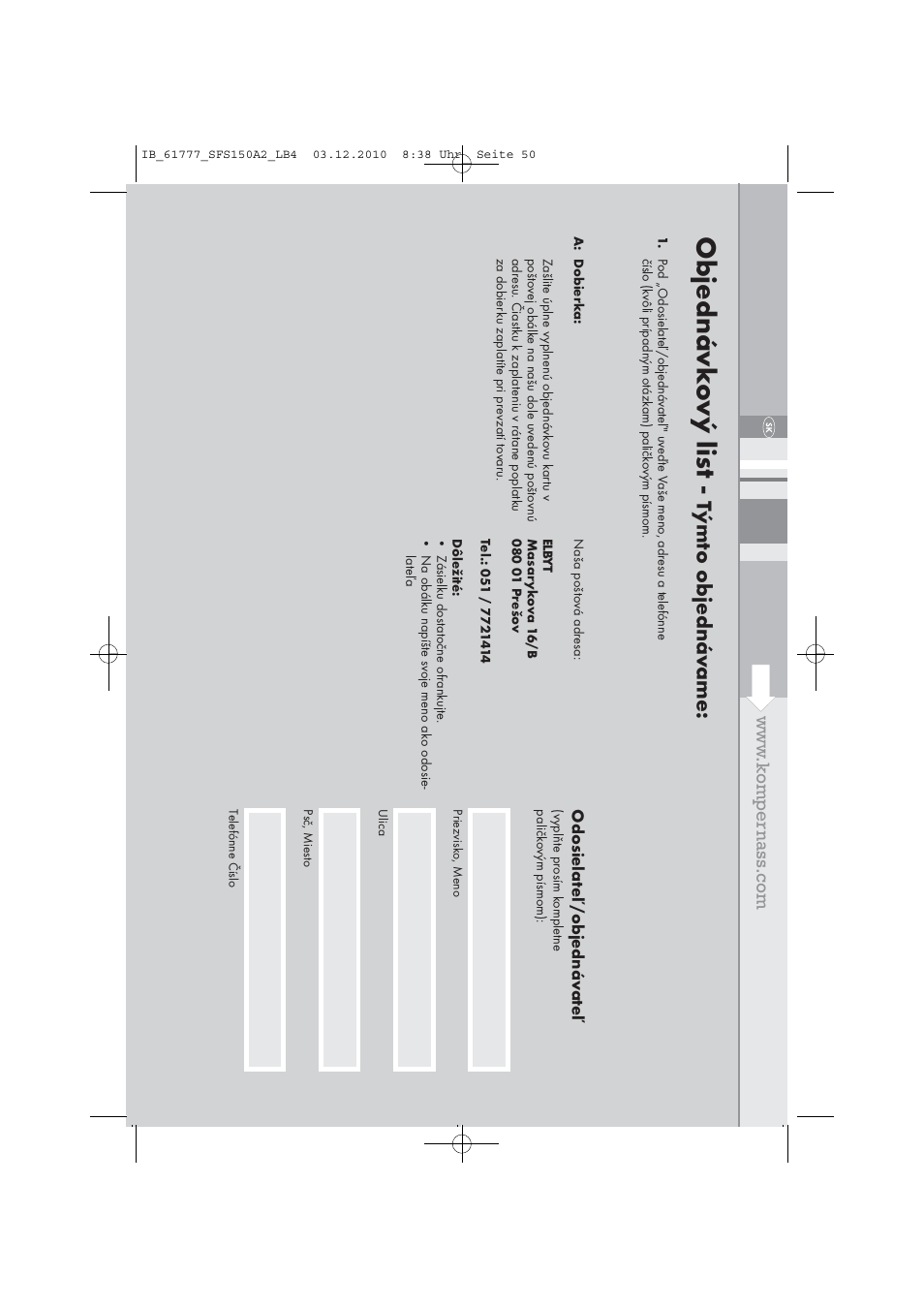 Objednávk o vý lis t, Týmt o objednáv ame, Odosielat eľ/objednáv at eľ | Silvercrest SFS 150 A2 User Manual | Page 52 / 76
