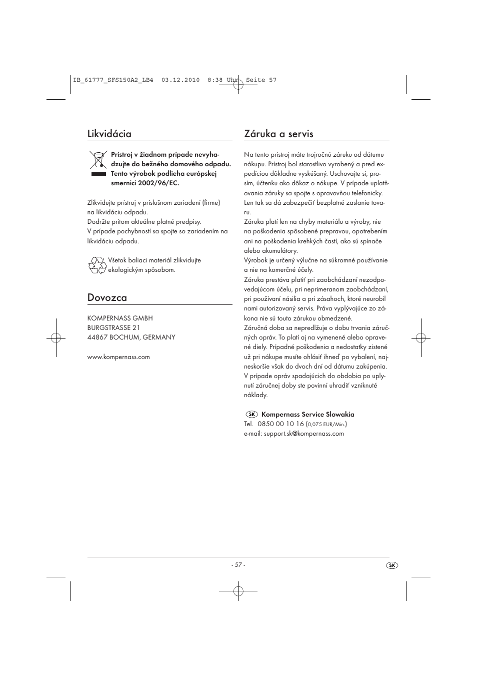 Likvidácia, Dovozca, Záruka a servis | Silvercrest SFS 150 A2 User Manual | Page 59 / 76