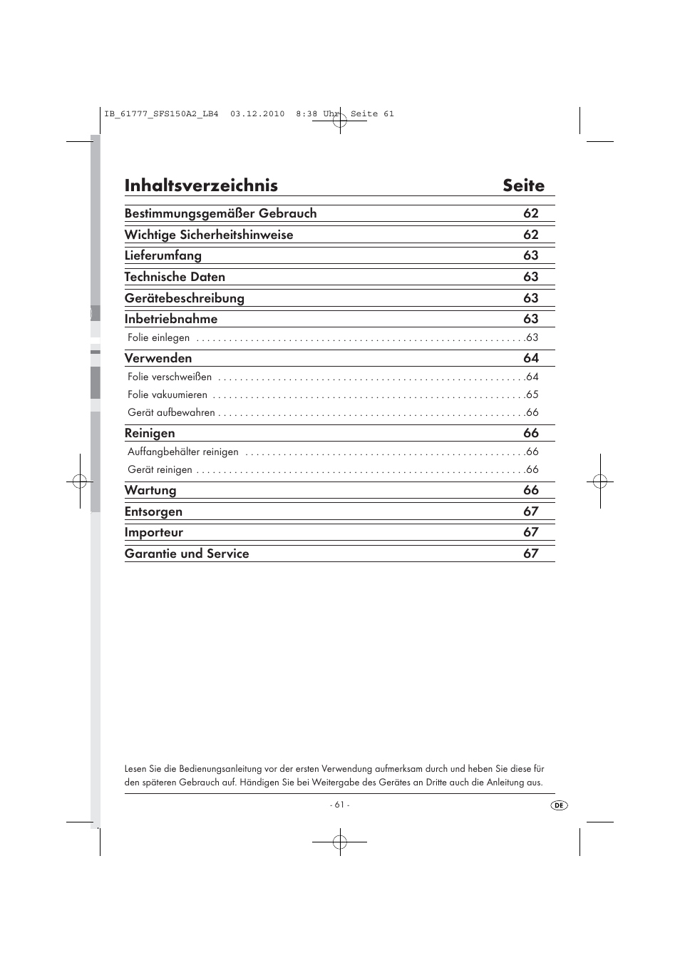 Inhaltsverzeichnis seite | Silvercrest SFS 150 A2 User Manual | Page 63 / 76