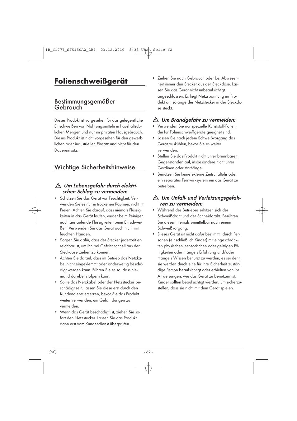 Folienschweißgerät, Bestimmungsgemäßer gebrauch, Wichtige sicherheitshinweise | Silvercrest SFS 150 A2 User Manual | Page 64 / 76