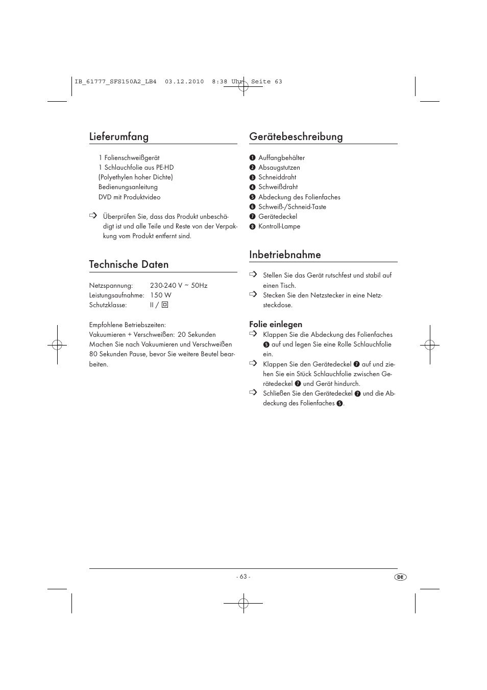 Lieferumfang, Technische daten, Gerätebeschreibung | Inbetriebnahme | Silvercrest SFS 150 A2 User Manual | Page 65 / 76