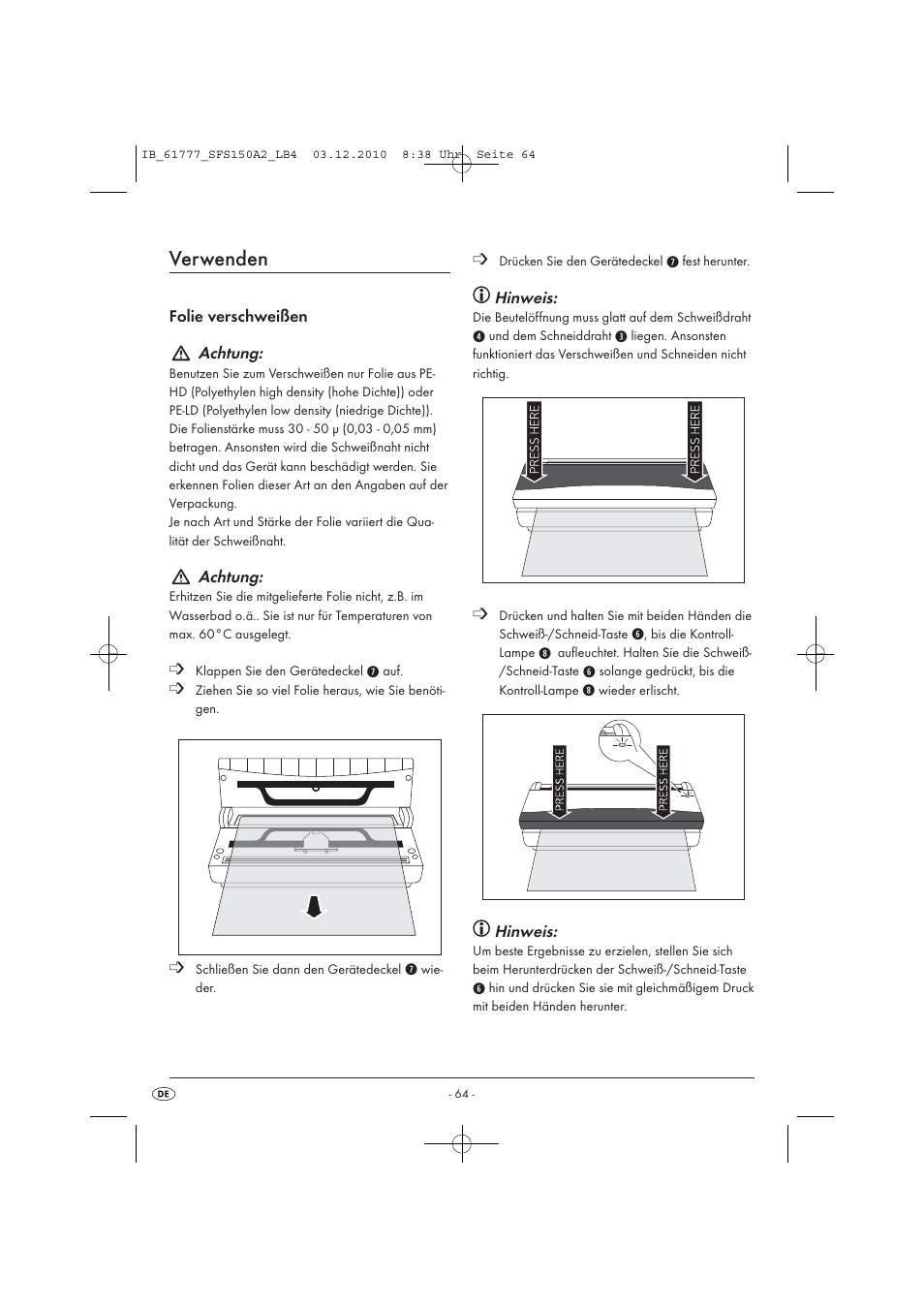 Verwenden | Silvercrest SFS 150 A2 User Manual | Page 66 / 76