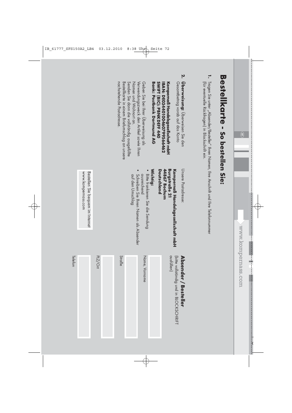 Bes tellk ar te, So bes tellen sie, Absender / bes teller | Silvercrest SFS 150 A2 User Manual | Page 74 / 76
