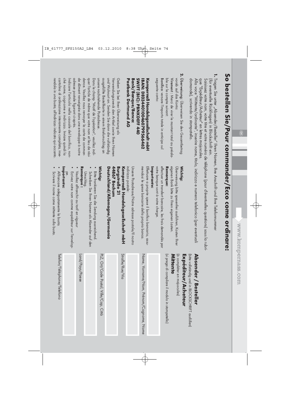 Absender / bes teller, Expédit eur/a ch et eur, Mitt ent e | Silvercrest SFS 150 A2 User Manual | Page 76 / 76