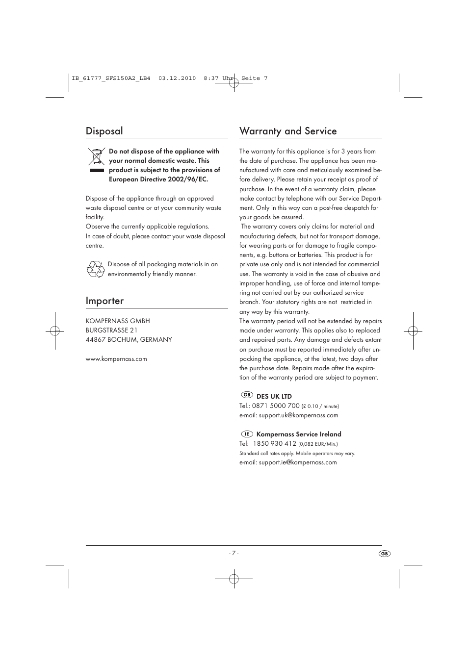 Disposal, Importer, Warranty and service | Silvercrest SFS 150 A2 User Manual | Page 9 / 76
