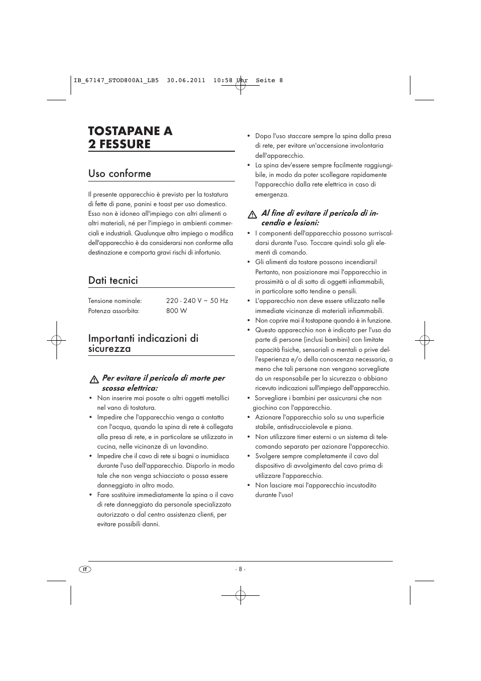 Tostapane a 2 fessure, Uso conforme, Dati tecnici | Importanti indicazioni di sicurezza | Silvercrest STOD 800 A1 User Manual | Page 10 / 35