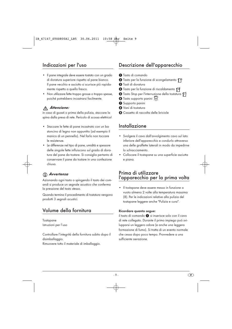 Indicazioni per l'uso, Volume della fornitura, Descrizione dell'apparecchio | Installazione | Silvercrest STOD 800 A1 User Manual | Page 11 / 35