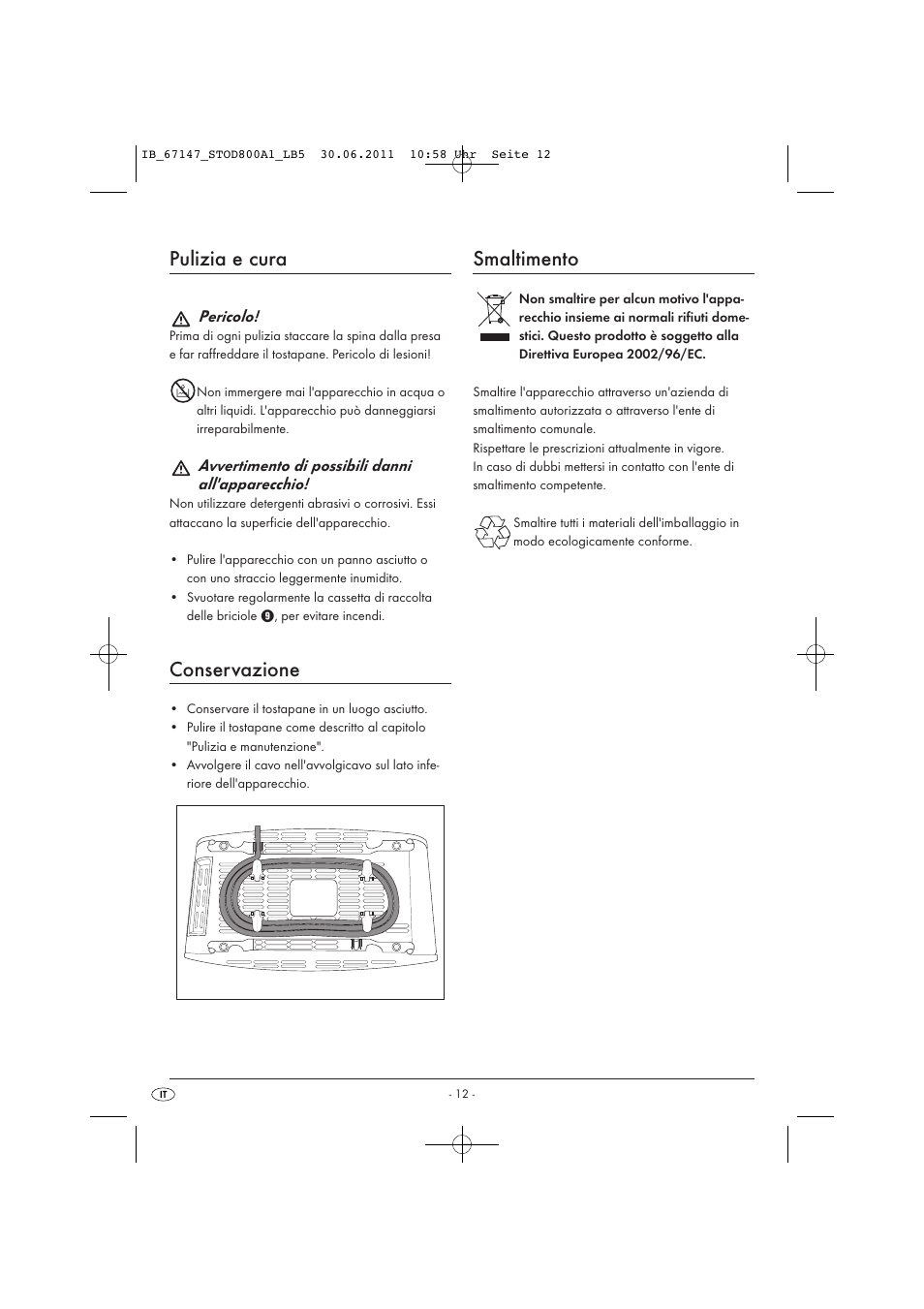 Pulizia e cura, Conservazione, Smaltimento | Silvercrest STOD 800 A1 User Manual | Page 14 / 35