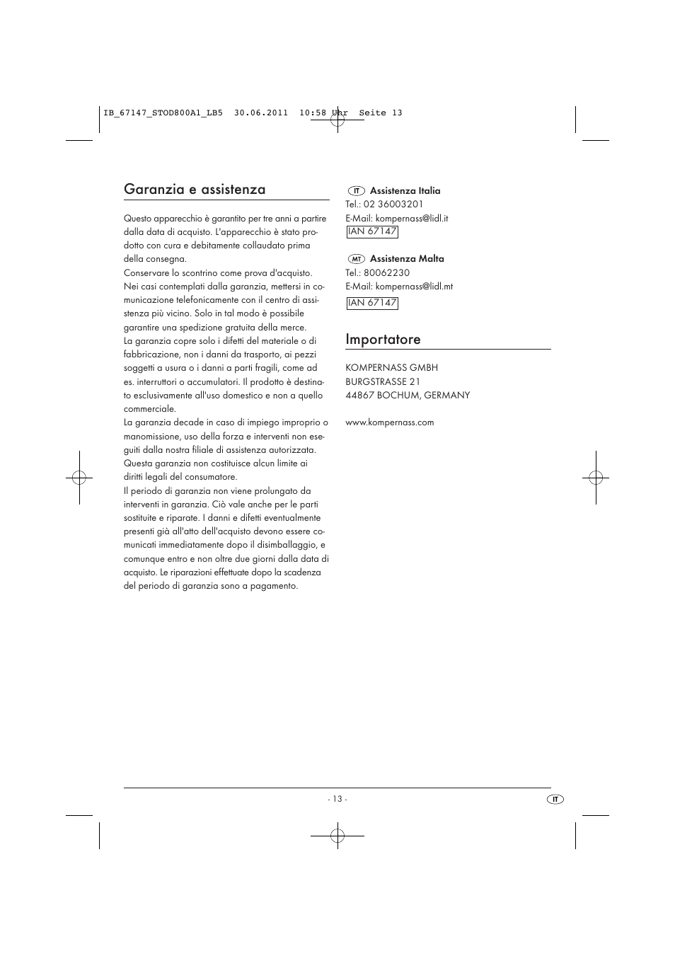 Garanzia e assistenza, Importatore | Silvercrest STOD 800 A1 User Manual | Page 15 / 35