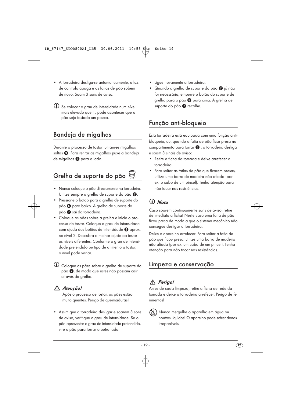 Bandeja de migalhas, Grelha de suporte do pão, Função anti-bloqueio | Limpeza e conservação | Silvercrest STOD 800 A1 User Manual | Page 21 / 35