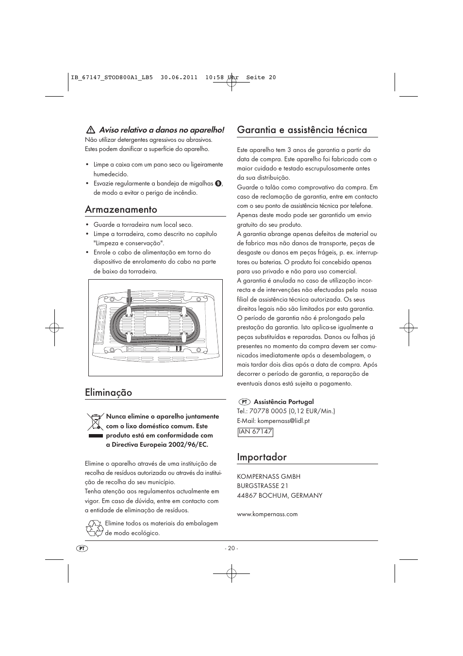 Armazenamento, Eliminação, Garantia e assistência técnica | Importador | Silvercrest STOD 800 A1 User Manual | Page 22 / 35