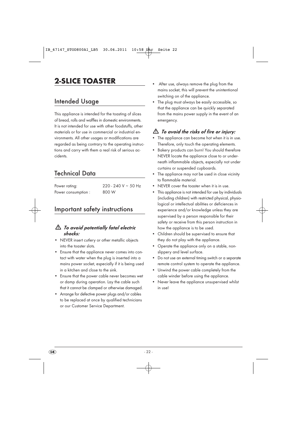 Slice toaster, Intended usage, Technical data | Important safety instructions | Silvercrest STOD 800 A1 User Manual | Page 24 / 35