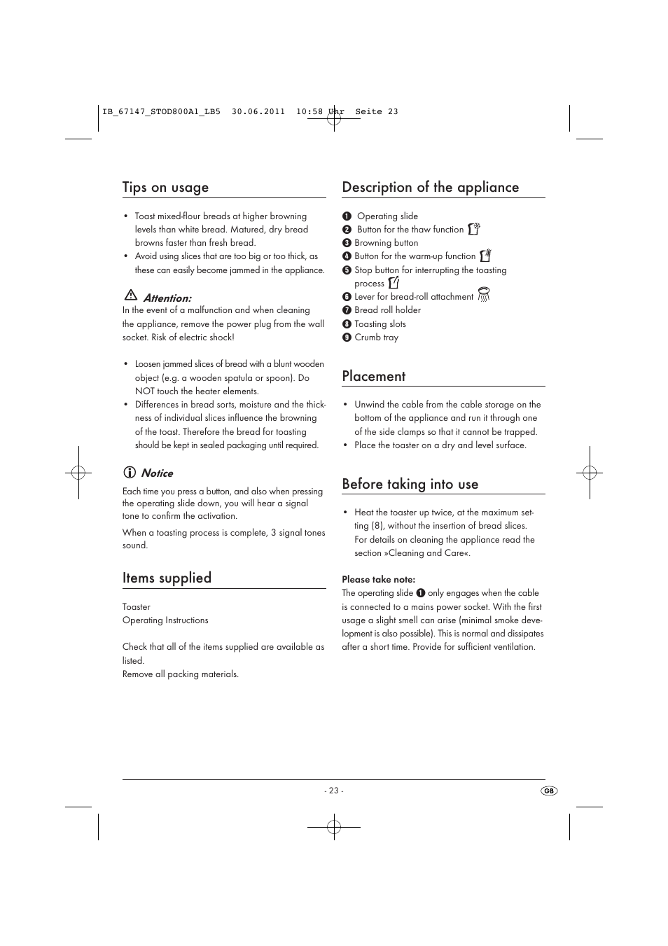 Tips on usage, Items supplied, Description of the appliance | Placement, Before taking into use | Silvercrest STOD 800 A1 User Manual | Page 25 / 35