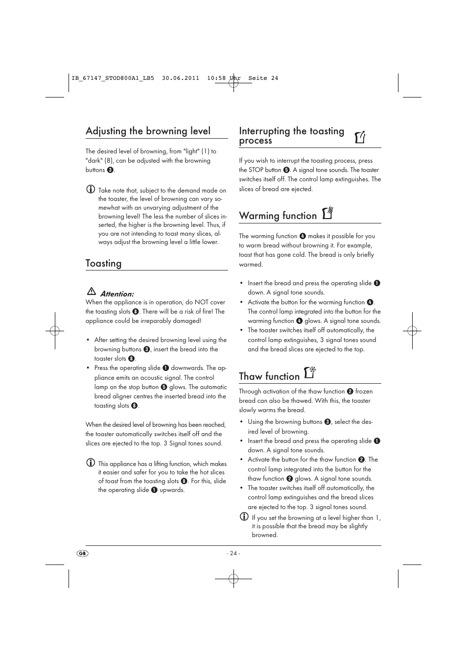 Adjusting the browning level, Toasting, Interrupting the toasting process | Warming function, Thaw function | Silvercrest STOD 800 A1 User Manual | Page 26 / 35