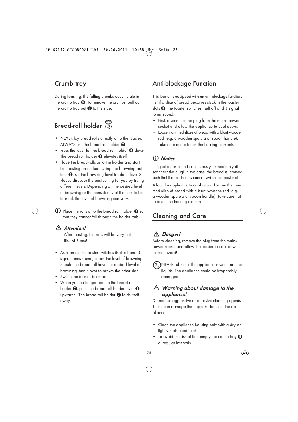 Crumb tray, Bread-roll holder, Anti-blockage function | Cleaning and care | Silvercrest STOD 800 A1 User Manual | Page 27 / 35