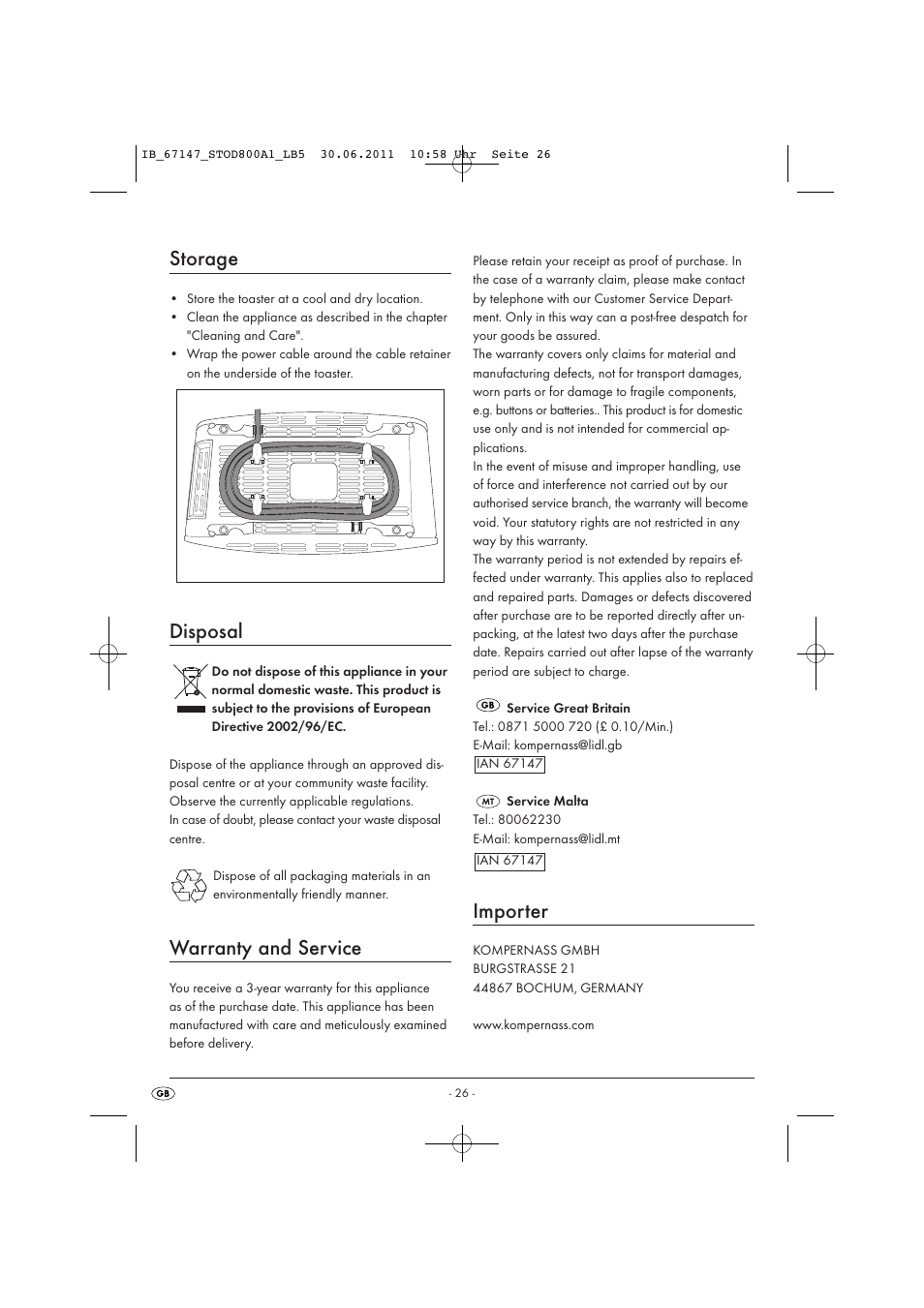 Storage, Disposal, Warranty and service | Importer | Silvercrest STOD 800 A1 User Manual | Page 28 / 35