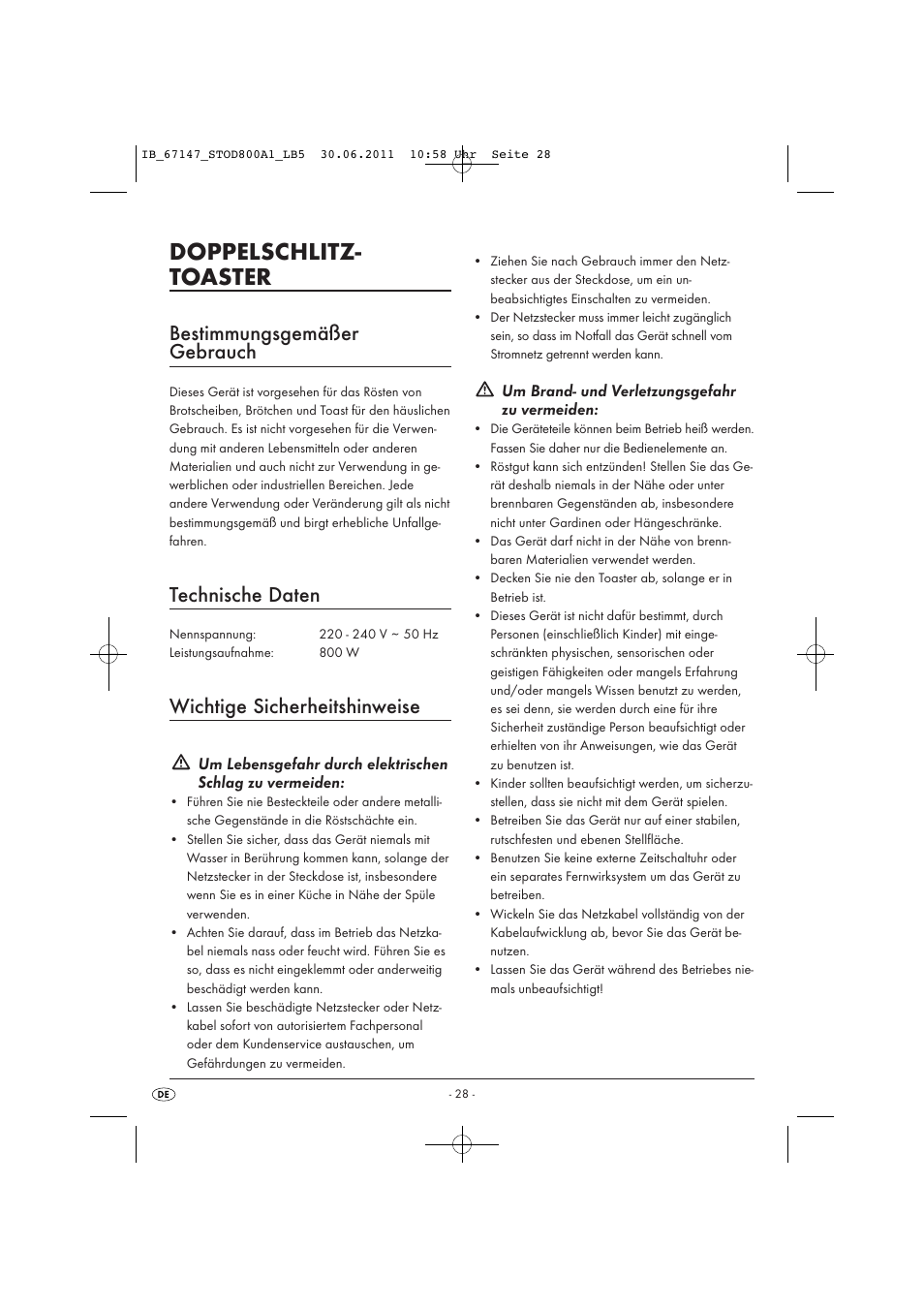 Doppelschlitz- toaster, Bestimmungsgemäßer gebrauch, Technische daten | Wichtige sicherheitshinweise, Um brand- und verletzungsgefahr zu vermeiden | Silvercrest STOD 800 A1 User Manual | Page 30 / 35