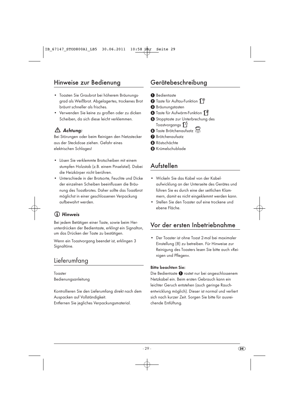 Hinweise zur bedienung, Lieferumfang, Gerätebeschreibung | Aufstellen, Vor der ersten inbetriebnahme | Silvercrest STOD 800 A1 User Manual | Page 31 / 35